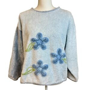 Vintage Blue Chenille Floral Applique Sweater Cozy Top Cottage Comfy Terry Fuzzy